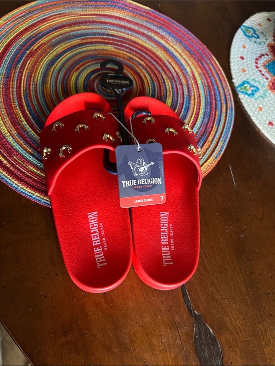True Religion Shoes - True Religion Red Slide Sandals with Gold Horsehoe Studs